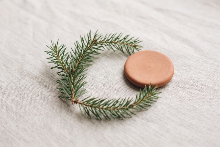 Macro still life of an evergreen sprig and terracotta disc in a continuous circular pattern