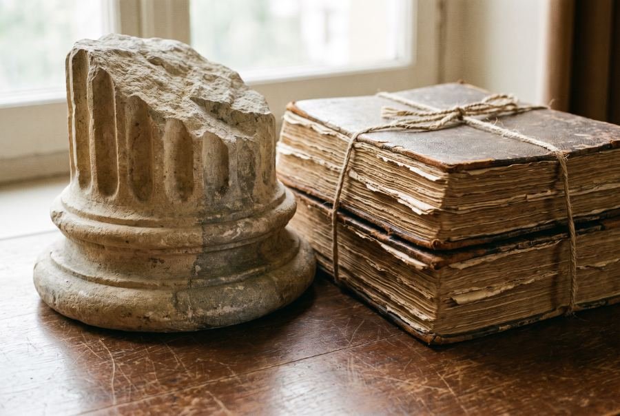 Macro still life of European stone columns and aged ledger books suggesting bank lending