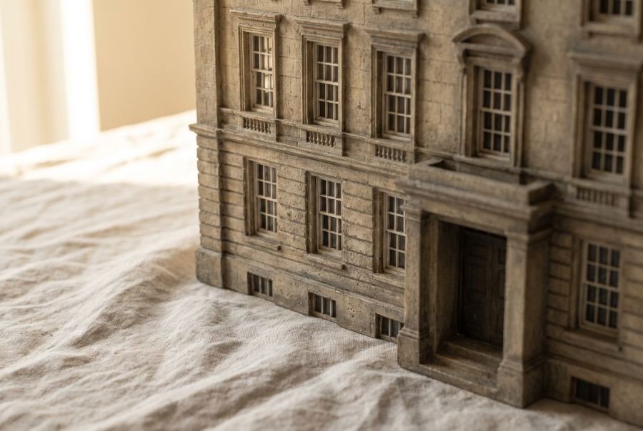 Macro still life of a small London-style stone office building model